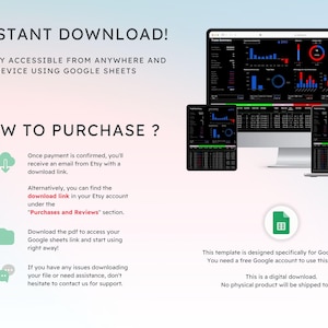 May include: Digital template for Google Sheets, accessible on various devices. The image shows a computer, tablet, and phone displaying data visualizations. Instructions on how to purchase and download the template are included.