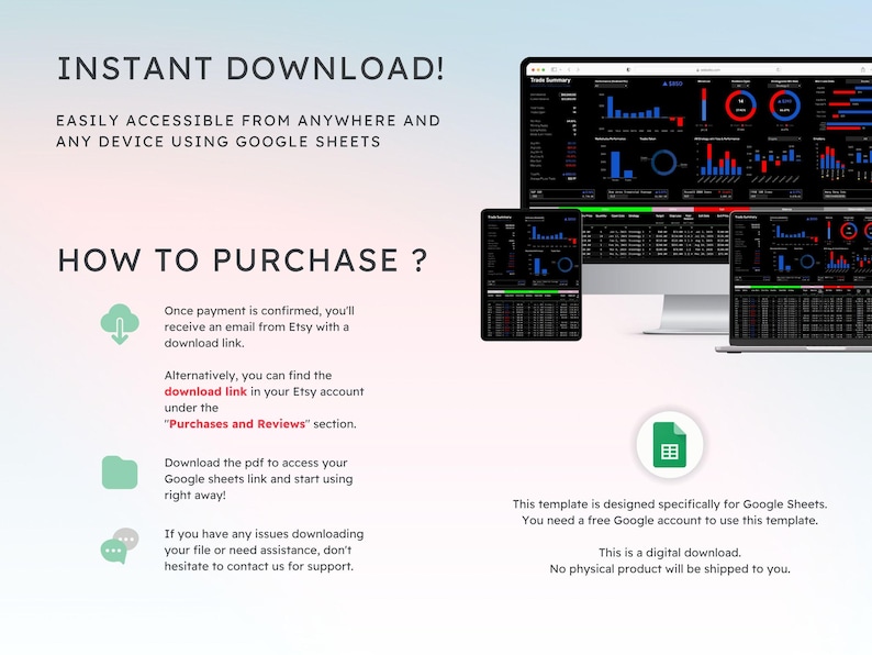 May include: Digital template for Google Sheets, accessible on various devices. The image shows a computer, tablet, and phone displaying data visualizations. Instructions on how to purchase and download the template are included.
