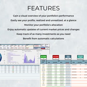 May include: A screenshot of a computer screen showing a financial portfolio tracker. The screen displays a pie chart, bar graphs, and a table of stock trades. The table includes columns for the stock ticker, date, quantity, buy rate, amount, sell rate, and amount. The screen also includes buttons for buying and selling trades.