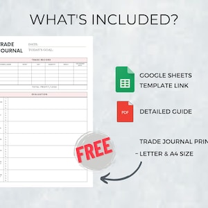 May include: A free printable trade journal template in letter and A4 sizes. It includes a Google Sheets template link and a detailed guide. The journal has sections for date, today's goal, trade record, total profit/loss, and evaluation.