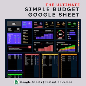 May include: A screenshot of a Google Sheet template for budgeting. The sheet is designed with a dark background and colourful charts and graphs. The sheet includes a budget summary for the month of May, with a total budget of £611. The sheet also includes a breakdown of expenses by category, as well as a chart showing the progress of the budget over time.