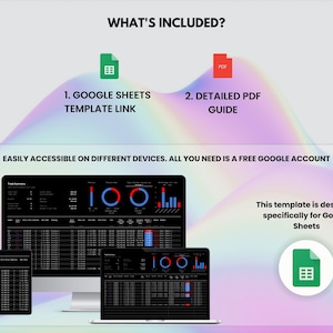 May include: A screenshot of a computer screen showing a Google Sheets template for tracking trades. The template includes charts and graphs, as well as a table of data. The text "This template is designed specifically for Google Sheets" is displayed below the screen.