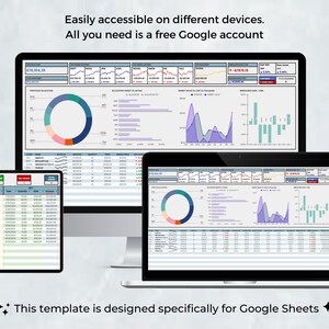 May include: A screenshot of a Google Sheets spreadsheet template showing a dashboard with charts and graphs. The dashboard includes a pie chart, bar charts, and line graphs. The text "Easily accessible on different devices. All you need is a free Google account" is displayed at the top of the image. The text "This template is designed specifically for Google Sheets" is displayed at the bottom of the image.