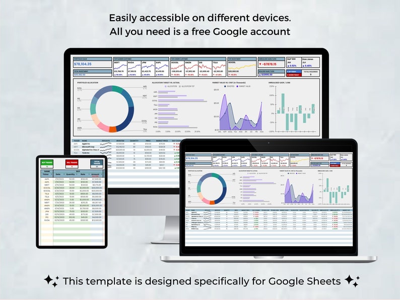 May include: A screenshot of a Google Sheets spreadsheet template showing a dashboard with charts and graphs. The dashboard includes a pie chart, bar charts, and line graphs. The text "Easily accessible on different devices. All you need is a free Google account" is displayed at the top of the image. The text "This template is designed specifically for Google Sheets" is displayed at the bottom of the image.