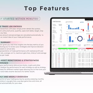 Puede incluir: Una pantalla de computadora port&aacute;til que muestra una hoja de c&aacute;lculo con gr&aacute;ficos y diagramas. La hoja de c&aacute;lculo se titula "Resumen de operaciones" y muestra datos relacionados con el rendimiento de las operaciones. El texto en la pantalla dice "Principales caracter&iacute;sticas", "&iexcl;Comience en minutos!" y enumera caracter&iacute;sticas como "Entradas simples del registro de operaciones", "Resumen de operaciones", "Monitoreo de m&uacute;ltiples activos y rendimiento de la estrategia" y "Descripci&oacute;n general mensual y semanal".