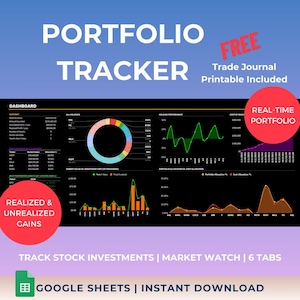 Investment Portfolio Tracker Stock Trading Journal Spreadsheet Google Sheets Personal Finance Trading Financial Planner Investment Dashboard