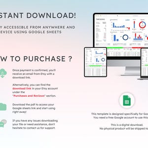 Puede incluir: Una descarga digital de una plantilla de Google Sheets para realizar un seguimiento de los datos resumidos del comercio. La plantilla se muestra en una pantalla de computadora, una computadora port&aacute;til y una tableta. La plantilla incluye gr&aacute;ficos, diagramas y tablas. El texto "INSTANT DOWNLOAD!" y "HOW TO PURCHASE?" se muestra en la p&aacute;gina.