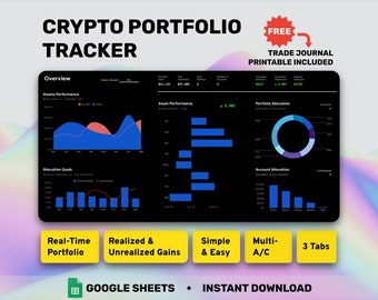 May include: A black and white screenshot of a Google Sheets spreadsheet template for tracking a cryptocurrency portfolio. The template includes charts, graphs, and tables to track asset performance, portfolio allocation, and account allocation. The template is titled "Crypto Portfolio Tracker" and includes the text "Real-Time Portfolio", "Realized & Unrealized Gains", "Simple & Easy", "Multi-A/C", and "3 Tabs".