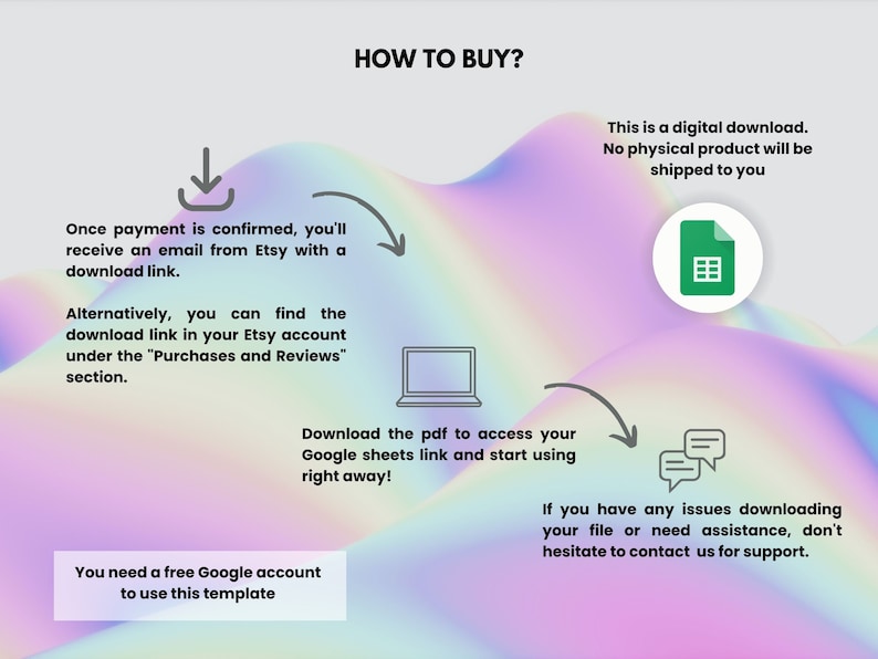 May include: A digital download guide with instructions on how to buy and access a Google Sheets template. The guide includes a download icon, a laptop computer, a spreadsheet icon, and a chat bubble icon. The text on the guide says "How to Buy?" and "This is a digital download. No physical product will be shipped to you."