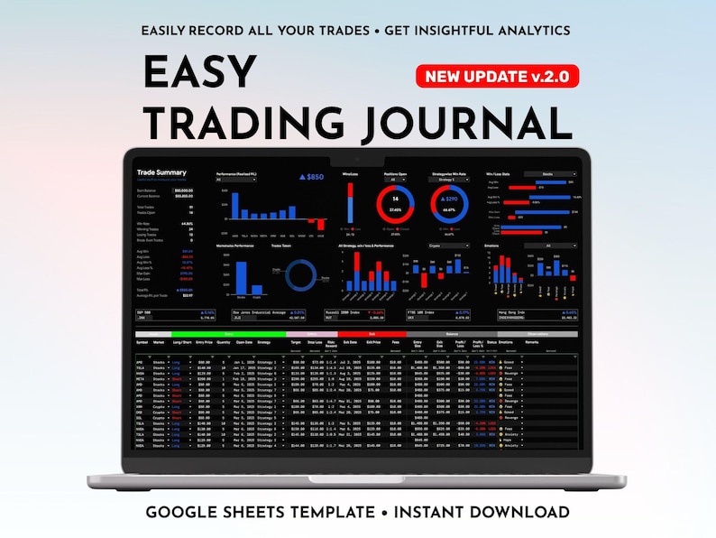 May include: A laptop displaying a trading journal interface with charts and data visualizations. The screen shows the text "EASY TRADING JOURNAL" and "NEW UPDATE V2.0". The bottom of the screen reads "GOOGLE SHEETS TEMPLATE &bull; INSTANT DOWNLOAD".