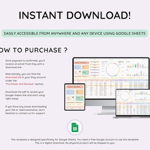 May include: Digital client tracker template for Google Sheets, instantly downloadable. The image shows a computer monitor, tablet, and laptop displaying a spreadsheet with charts and data. Text includes "Instant Download" and instructions on how to purchase.