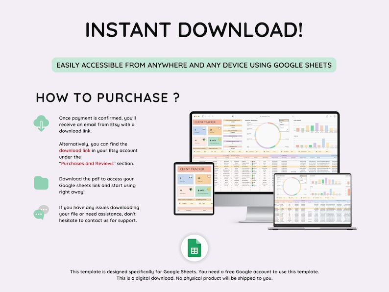 May include: Digital client tracker template for Google Sheets, instantly downloadable. The image shows a computer monitor, tablet, and laptop displaying a spreadsheet with charts and data. Text includes "Instant Download" and instructions on how to purchase.