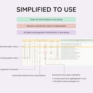 May include: A digital spreadsheet titled "SIMPLIFIED TO USE" with sections for deal and financial data, payment information, and internal notes. Features include automatic calculations and due date indicators.