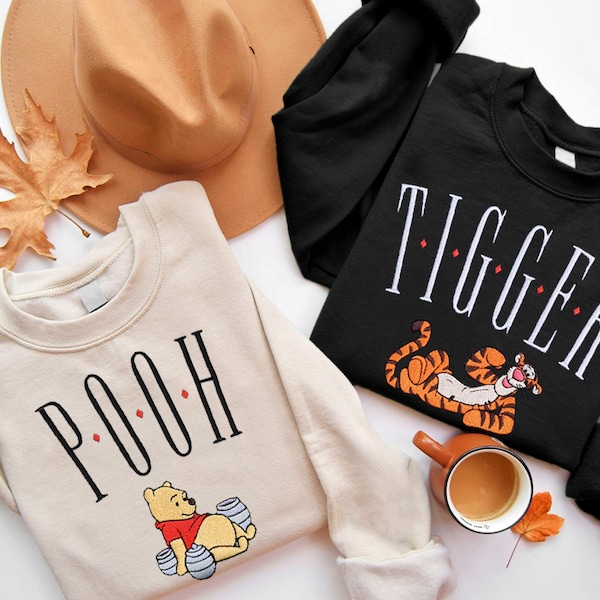 Bear and Tigger Hunny Honey Pot Embroidery Sweatshirt, Embroidered Sweatshirt, 2024 Family Trip Customize Name Embroider Sweater