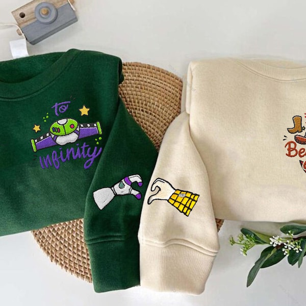 To Infinity Couple Woody Buzz Embroidery Sweatshirt, Pizza Embroidered Sweatshirt, 2024 Family Trip Customize Name Embroider Sweater Gifts