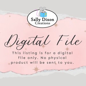 Puede incluir: Un anuncio de archivo digital rosa y blanco con una ilustraci&oacute;n de rat&oacute;n y el texto "Sally Dixon Creations" y "Archivo digital". El texto dice "Esta lista es para un archivo digital solamente. No se enviar&aacute; ning&uacute;n producto f&iacute;sico."