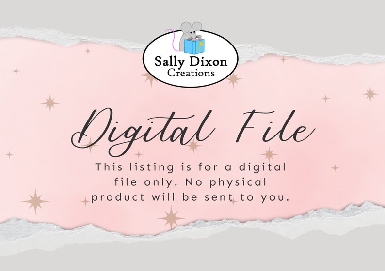 Puede incluir: Un anuncio de archivo digital rosa y blanco con una ilustraci&oacute;n de rat&oacute;n y el texto "Sally Dixon Creations" y "Archivo digital". El texto dice "Esta lista es para un archivo digital solamente. No se enviar&aacute; ning&uacute;n producto f&iacute;sico."