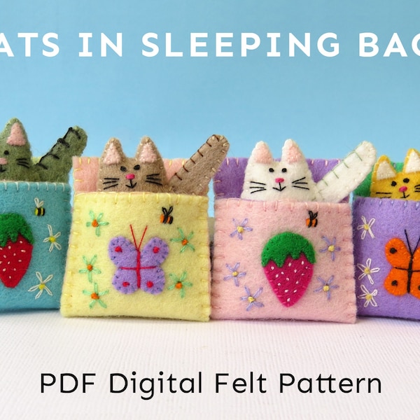 Cats in Sleeping Bags Felt Pattern, Digital PDF Instant Download, Pipsqueak Kitten Bed, Cat Embroidery, Miniature Sewing Pattern