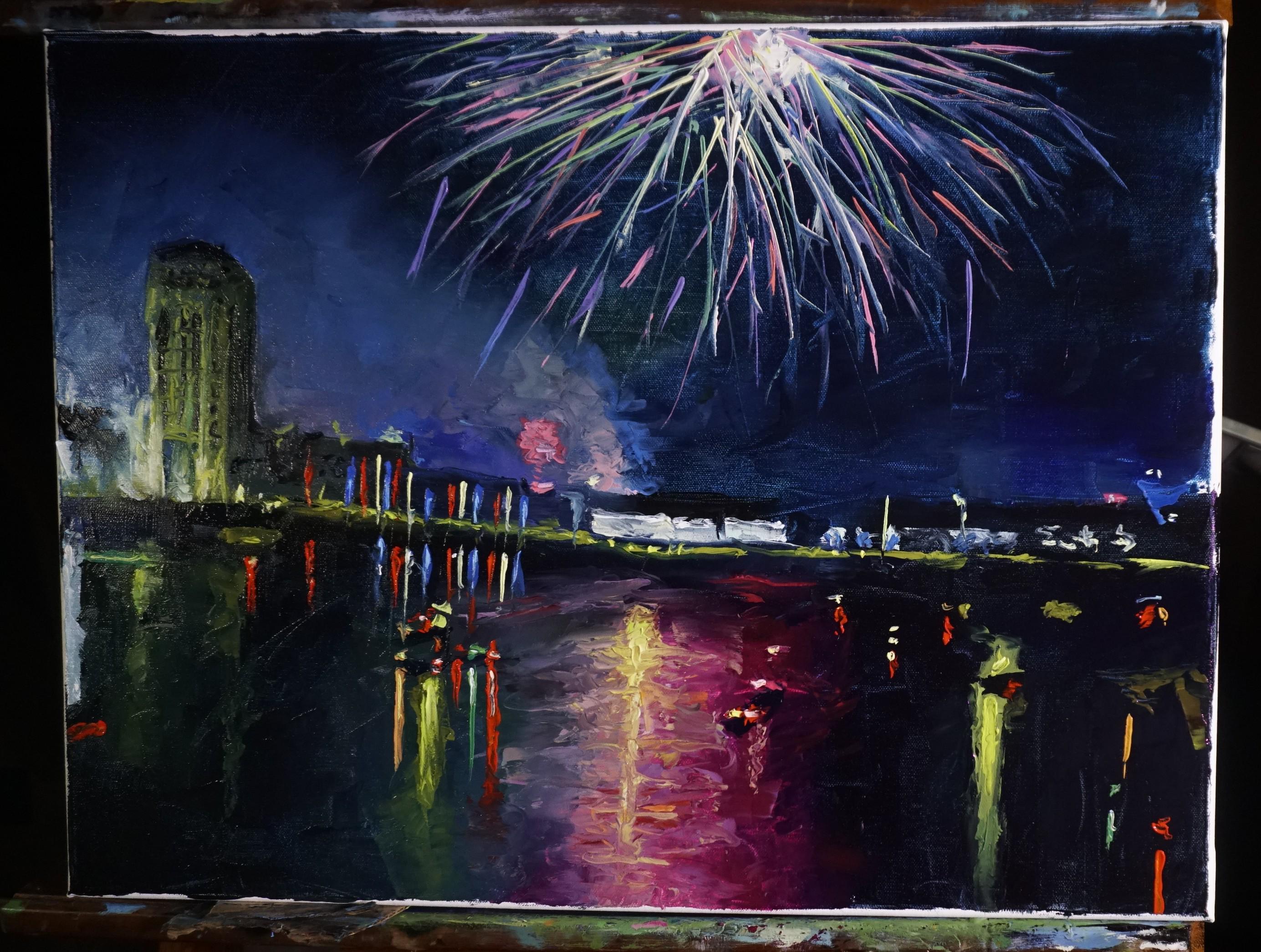 ロック川の花火を描いたオリジナル油絵、24インチ×18インチの