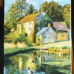 Original Oil Painting of a House Next To A Pond, 18in x 24in Stretched Canvas