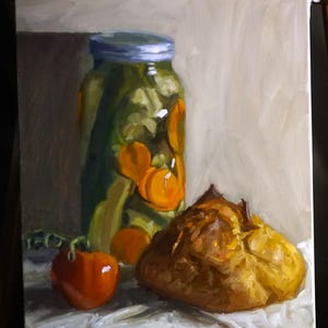Original Still Life Oil Painting of Bread and Pickles! 18in x 14in on gallery depth stretched canvas