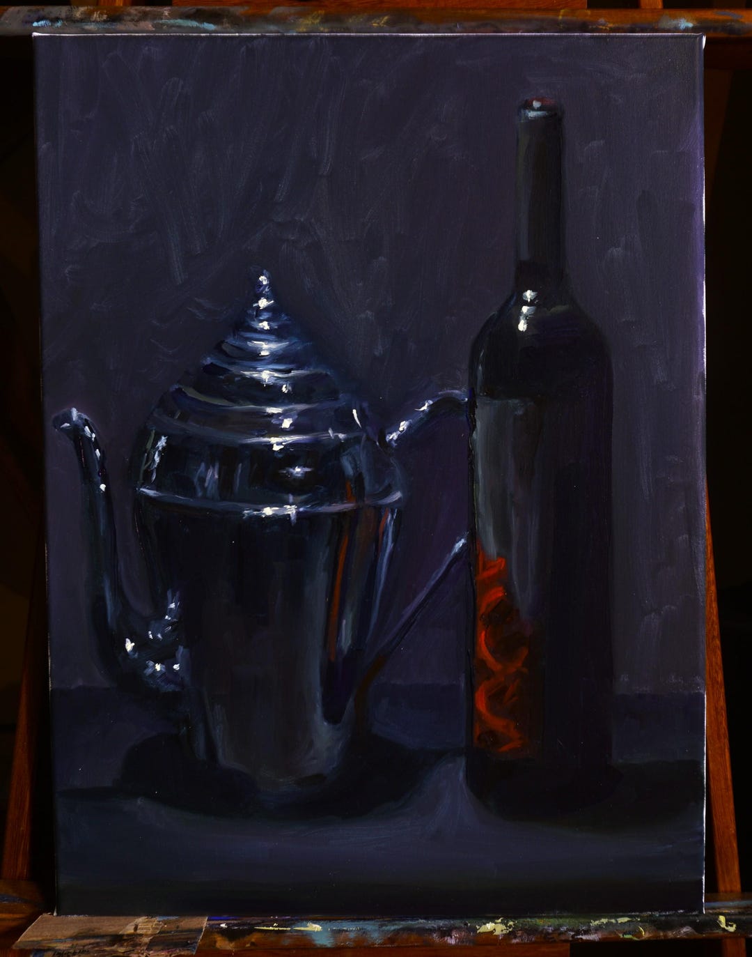 Original Still Life Oil Painting of a Metal Pot and Wine Bottle! 18in X ...