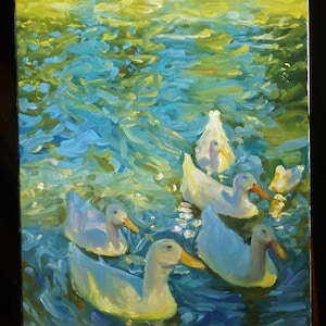 Original Oil Painting of Ducks Swimming in Water 16in x 12in on Stretched Linen Canvas Gallery Depth