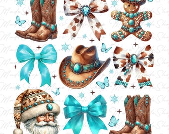 Coquette western Noël png, pierres précieuses turquoise occidentales, noeuds de vache, père Noël, bottes de cow-boy, pain d'épice png, Noël png, western Noël png