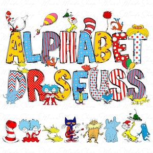 Paquete de alfabeto Dr Susess Png, conjuntos de letras del alfabeto Doodle, crea tu propio diseño de nombre, fuente Dr Susess PNG, gato en el sombrero, regreso a la escuela