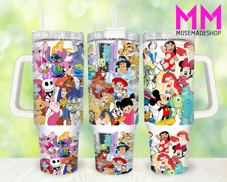May include: Three white stainless steel tumblers with a handle. Each tumbler has a different design featuring various Disney characters including Mickey Mouse, Minnie Mouse, Stitch, Ariel, and more. The tumblers are on a white surface with a green background. MM MUSEMADESHOP is printed in pink on the background.