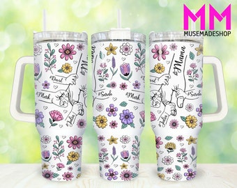 Custom Up to 6 Kids Holding Mom‘s Hand 3D Inflated 40oz Tumbler Png, Mom Tumbler 40oz Png, Floral Mom 40oz Tumbler Wrap, Mothers Day 40oz