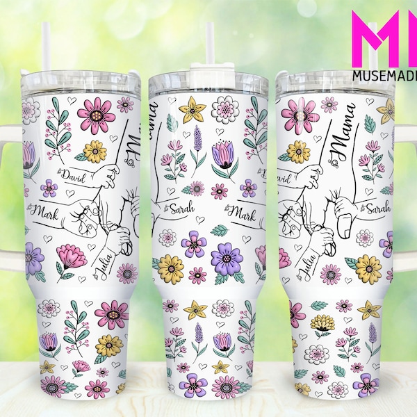 Custom Up to 6 Kids Holding Mom‘s Hand 3D Inflated 40oz Tumbler Png, Mom Tumbler 40oz Png, Floral Mom 40oz Tumbler Wrap, Mothers Day 40oz