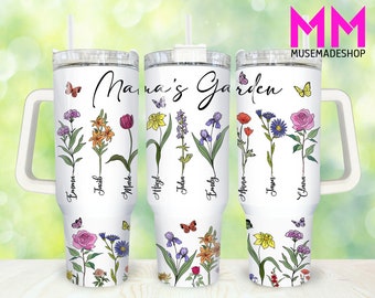 Mama's Garden 40oz Tumbler Png, niestandardowy miesiąc urodzenia kwiatowy kubek dla mamy 40oz Png, mama 40oz Tumbler Wrap, Dzień Matki 40oz Quencher Tumbler