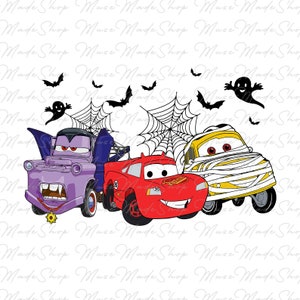 May include: Three cartoon cars dressed up for Halloween. A purple car with fangs is a vampire, a red car is a race car, and a yellow car is a mummy. The cars are on a white background with spiderwebs and bats.