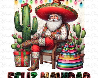 Feliz Navidad Santa With Cactus Png, Mexican Christmas Png, Tis The Season Mexican Png, Spanish Mexican Xmas Png, Merry Christmas Png