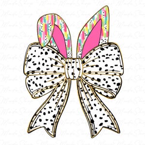 May include: A decorative Easter bow featuring bunny ears and a bow. The ears have a colorful abstract pattern with pink interiors. The bow is white with black spots and gold trim, perfect for Easter crafts and decorations.
