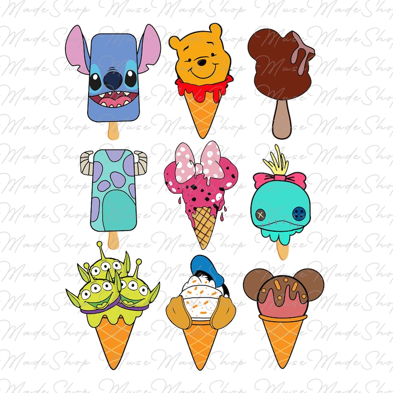 Puede incluir: Nueve conos de helado con diferentes personajes de dibujos animados. Los personajes son Stitch, Winnie the Pooh, Mickey Mouse, Sulley, Minnie Mouse,  Scrooge McDuck,  Alien, Donald Duck y Mickey Mouse. Los conos de helado son todos de diferentes colores y sabores.