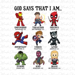 May include: A white background with a collage of nine images of Marvel superheroes. Each image has a bible verse and a word describing the superhero. The words are: EMPOWERED, TREASURED, PRECIOUS, IMPORTANT, UNIQUE, LOVED, STRONG, KIND, BRAVE.