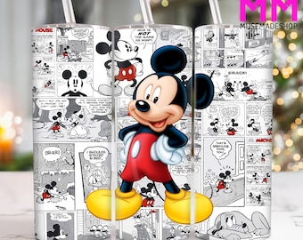 May include: A white tumbler with a black and white comic strip design featuring Mickey Mouse. The tumbler has a straw and is decorated with Mickey Mouse's iconic red shorts and yellow shoes. The text "NICE IS NOT THE SAME AS WIMPY" is visible in one of the comic panels.