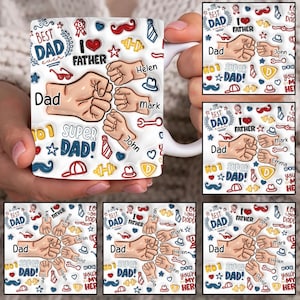 Envoltura para taza inflada 3D "Mejor papá", plantilla personalizada para taza de 325 ml (choque de puños), taza de 325 ml (PNG), tazas de café para el Día del Padre (PNG), taza personalizada con nombres de niños