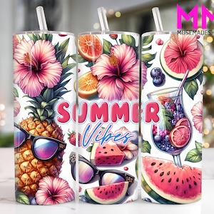 Gobelet skinny 20 oz Summer Vibes, aquarelle, gobelet Summer 20 oz png, papier cartonné droit et conique, papier gobelet été 20 oz