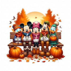 May include: A digital illustration of Disney characters Mickey Mouse, Minnie Mouse, Donald Duck, Daisy Duck, and Goofy sitting on a wooden bench. They are bundled up in warm clothing, holding mugs, and surrounded by pumpkins and autumn leaves.