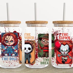 Horror Characters 16oz Glass Can Wrap, Halloween 16 oz Glass Can Png, 16 oz Libbey Glass Can Wrap, 16 oz Tumbler Wrap Png,Sublimation Design