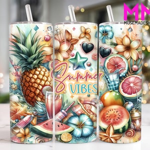 Gobelet skinny 20 oz Summer Vibes, aquarelle, gobelet Summer 20 oz png, papier cartonné droit et conique, papier gobelet été 20 oz