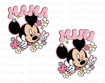 May include: A pink and white graphic design featuring Mickey Mouse with the words "MAMA" and "MUNI" in a retro font. The design includes pink flowers and stars.