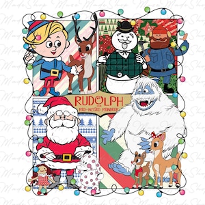 May include: A colorful illustration featuring characters from the Rudolph the Red-Nosed Reindeer television special. The characters include Rudolph, Santa Claus, the Abominable Snowman, Hermey the Elf, Yukon Cornelius, and Bumble the Abominable Snowman.