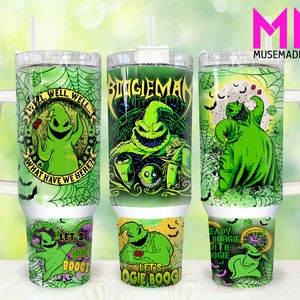 May include: Three stainless steel tumblers with a green and black design featuring the character Oogie Boogie from the movie The Nightmare Before Christmas. The tumblers have a white handle and lid. The text on the tumblers reads "Well, well, well... what have we here?", "Boogieman", and "Ready Boogie with Oogie".