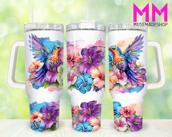 Hummingbird and Hibiscus Flower 40oz Tumbler Png, Hummingbird Tumbler 40oz Png, Bird Floral 40oz Tumbler Wrap, Floral 40oz Quencher Tumbler,