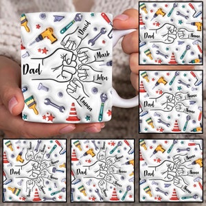 Dad 3D Inflated Mug Wrap, Custom Dad Fist Bump 11oz Mug Template, Dad 11oz Mug Png, Fathers Day Coffee Mugs Png, Custom Kids Names Mug