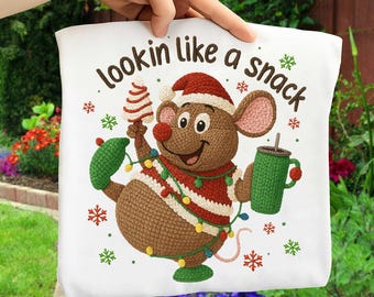 Retro Latch Hook Yarn Crochet Christmas Cartoon Mouse Png, Lookin' Like a Snack Png, Christmas Tree Cake Png, Faux Crochet Christmas Png